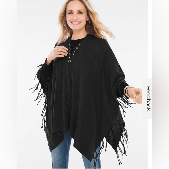 Chico's Sweaters - Chico’s Lace-Up Fringe Poncho In Black sz:OS
